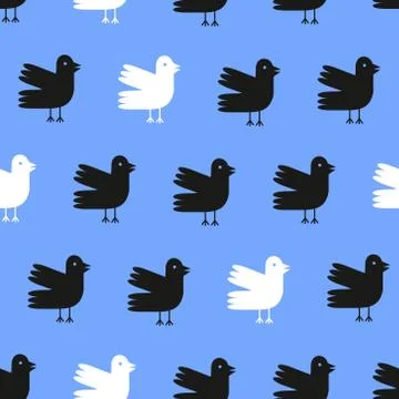 Funny cartoon birds seamless pattern over blue background. Vector illustration. Stock Illustration