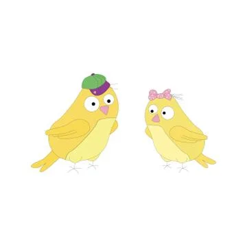Funny cartoon birds, vector illustration. A bird with a hat and a bird with a Stock Illustration
