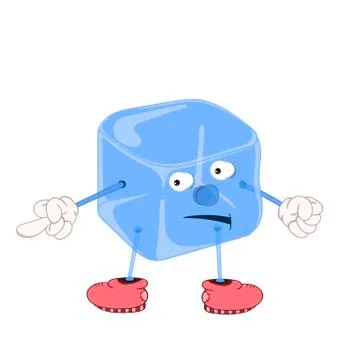 Funny cartoon blue ice cube with eyes, hands and feet in shoes, showing an in Stock Illustration
