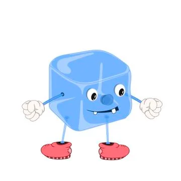 Funny cartoon blue ice cube with eyes, arms and legs in shoes, smiles and cle Stock-Illustration