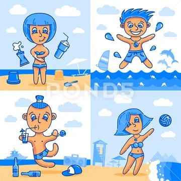 Funny cartoon boys and girls on the beach Stock Illustration