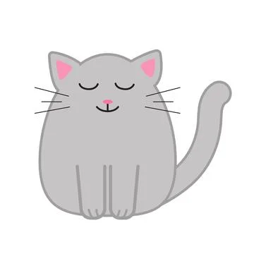 Funny cartoon cat, cute vector illustration in flat style. Gray cat with closed Stock Illustration