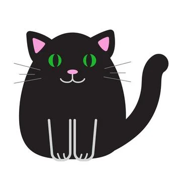 Funny cartoon cat, cute vector illustration in flat style. Black cat with big gr Stock Illustration