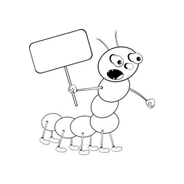 Funny cartoon caterpillar holds a rectangular tablet in his hand and shouts l Stock Illustration