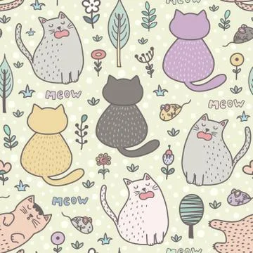 Funny cartoon cats seamless pattern. Childish background Stock Illustration