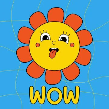 Funny cartoon character. Groovy element funky flower power tongue out. Wow. V Stock Illustration