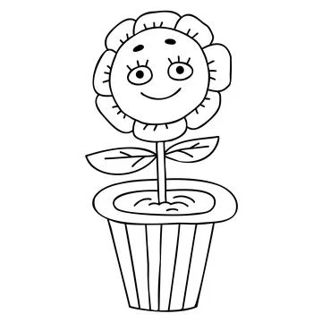 Funny cartoon character. Groovy element funky flower power in pot. Vector ill Stock Illustration
