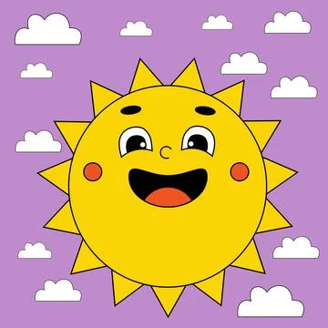 Funny cartoon character. Groovy element funky sun on an acid background with 스톡 일러스트