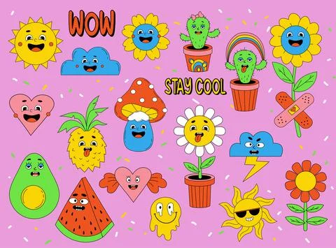 Funny cartoon characters. Big set of comic elements in trendy retro cartoon s Stock Illustration