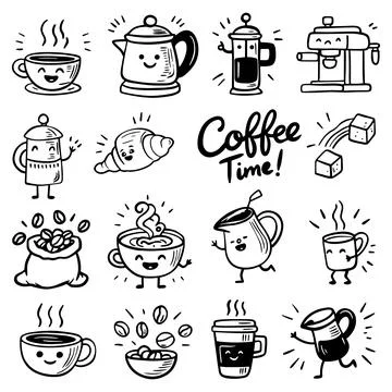 Funny cartoon characters. Coffee time illustration of cup of tea, coffee. Comic Stock-Illustration