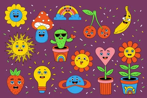 Funny cartoon characters with funny faces. Set comic elements in trendy retro Stock Illustration