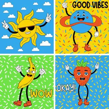 Funny cartoon characters. Groovy elements funky Earth, sun, banana and strawb Stock Illustration
