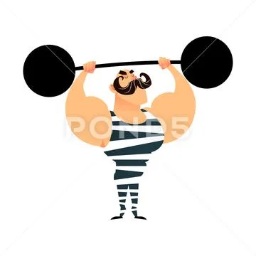 Funny cartoon circus strong man. A strong muscular athlete lifts the barbell Stock Illustration