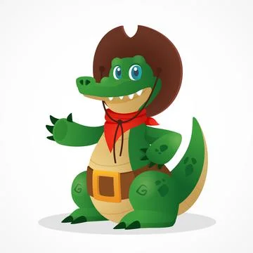 Funny cartoon crocodile cowboy mascot saying hello. Flat animal character for Stock Illustration