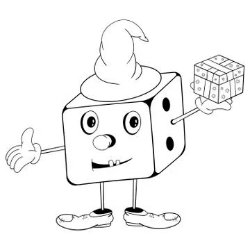 Funny cartoon dice in wizard hat with eyes, hands and feet holding a gift box Stock Illustration