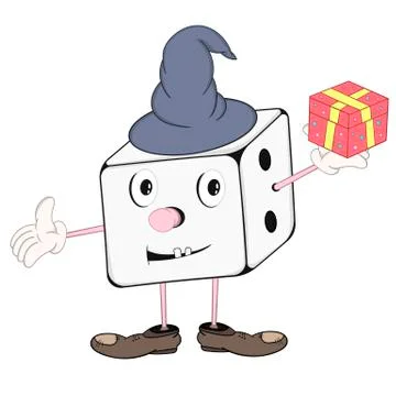 Funny cartoon dice in wizard hat with eyes, hands and feet holding a gift box Stock Illustration