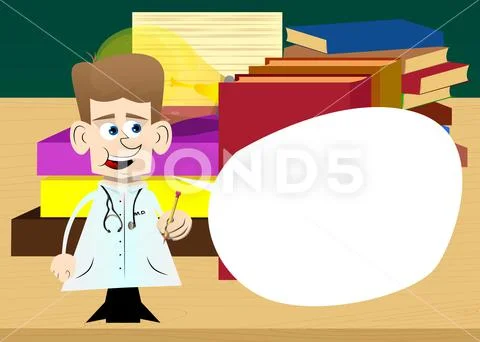 Funny cartoon doctor holding a pencil in his hand. Vector illustration ...