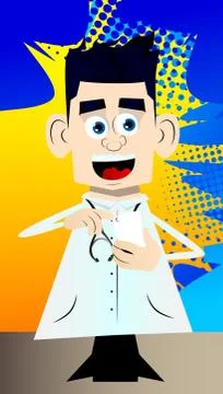 Funny cartoon doctor using a mobile phone. Vector illustration. Stock Illustration