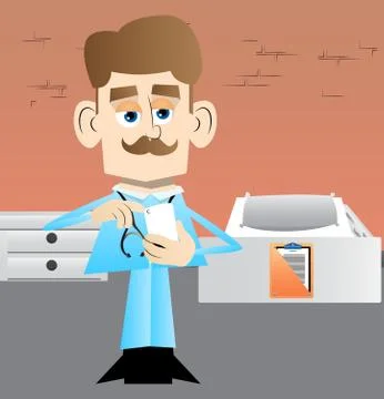 Funny cartoon doctor using a mobile phone. Vector illustration. Stock Illustration