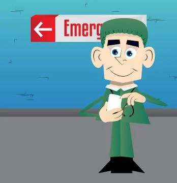 Funny cartoon doctor using a mobile phone. Vector illustration. Stock Illustration