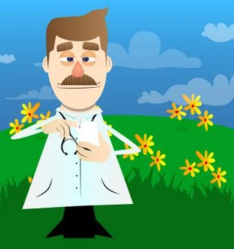 Funny cartoon doctor using a mobile phone. Vector illustration. Stock Illustration