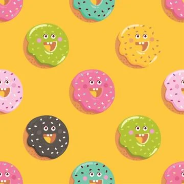 Funny cartoon donut pattern. Happy donut on yellow background. Vector 스톡 일러스트