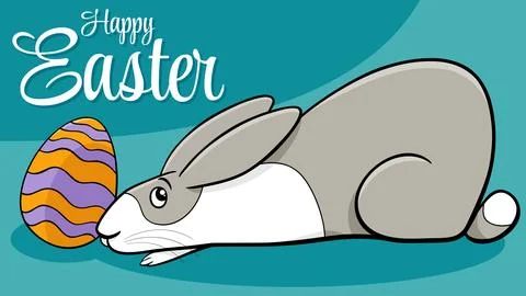 Funny cartoon Easter Bunny with colored egg greeting card Stock Illustration