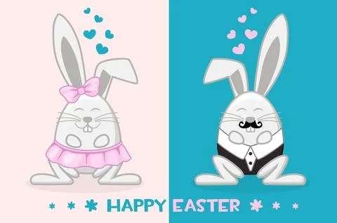 Funny cartoon easter bunny in the shape of an egg, girl and boy. Vector Greet 库存插图