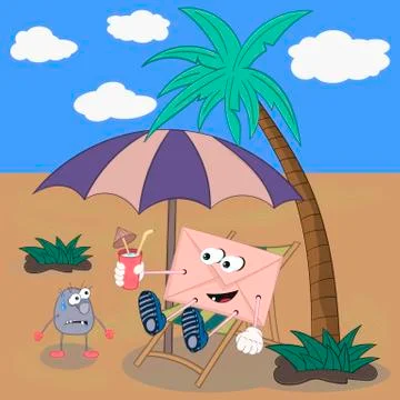 A funny cartoon envelope sits on a couch while relaxing in the desert and inv Stock Illustration