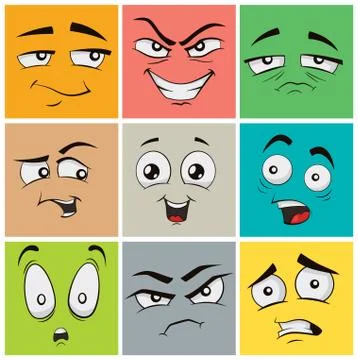 Funny cartoon faces with emotions. Vector clip art illustration. Stock Illustration