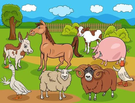 Funny cartoon farm animals comic characters group Stock Illustration