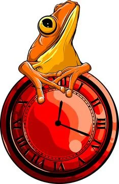 Funny cartoon frog with clock. Hand drawn vector illustration. Illustrazione stock