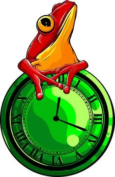 Funny cartoon frog with clock. Hand drawn vector illustration. Stockillustratie