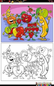 Funny cartoon fruit characters group coloring page Stock Illustration
