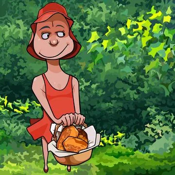 Funny cartoon girl in a red cap and dress stands with a basket filled with pi Stock Illustration