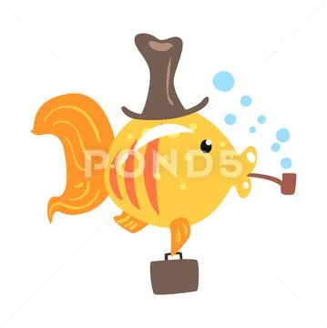 Funny cartoon golden fish in a hat with briefcase smoking pipe colorful Stock Illustration