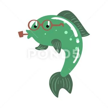 Funny cartoon green fish in glasses smoking pipe colorful character vector Stock Illustration