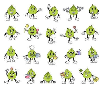 Funny cartoon leaf character set Illustrazione stock