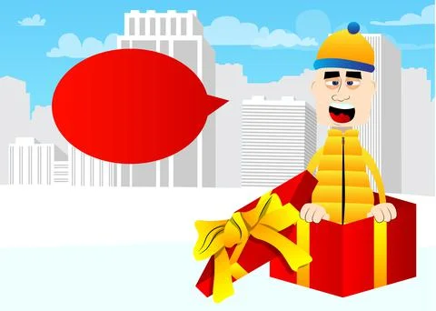 Funny cartoon man dressed for winter in a gift box. Vector illustration. Cele Stock Illustration