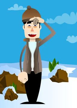 Funny cartoon man dressed for winter confused, scratching his head. Vector il Stock Illustration