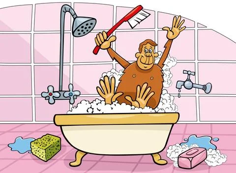 Funny cartoon monkey taking a bath Cartoon humorous illustration of monkey... Stock Photos