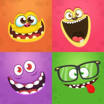 Funny cartoon monster faces set with different expressions. Vector illustrati Stock Illustration
