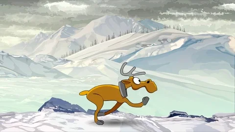 Funny cartoon moose running through snowy mountain valley Video stock 72861784