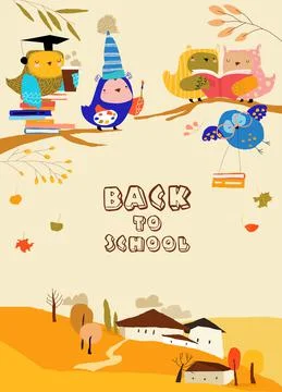 Funny Cartoon Owls preparing Back to School Stock Illustration
