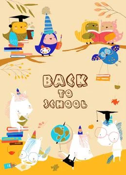 Funny Cartoon Owls with Unicorns preparing Back to School Stock Illustration