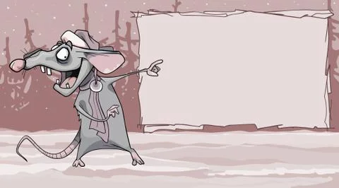 Funny cartoon rat in winter forest points fingers at a blank billboard Stock Illustration