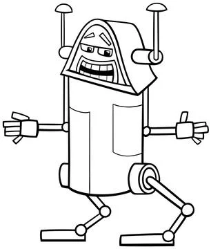Funny cartoon robot or droid fantasy character coloring page Stock Illustration