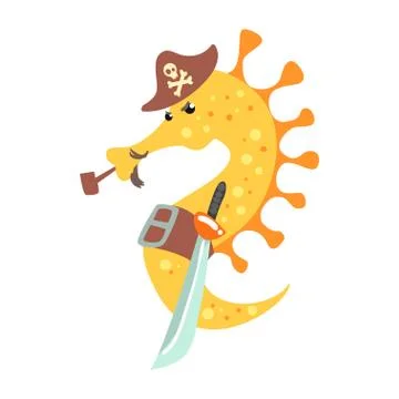Funny cartoon seahorse pirate in a hat smoking pipe and holding sword colorful Stock Illustration