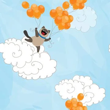 Funny cartoon smiling siamese cat and bright orange balloons vector seamless  Illustrazione stock