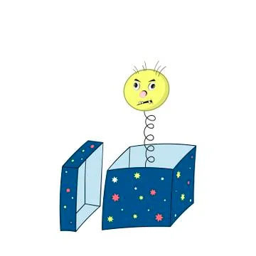 Funny cartoon spring with a head, ears and mouth looks out of a gift box and  Stock Illustration